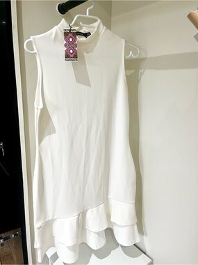 Boohoo Sleeveless White Ruffle-Hem Dress